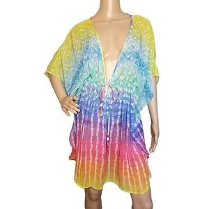BLEU BY ROD BEATTIE Women's NWT Cover-Up Caftan Medium Rainbow Size L        T43